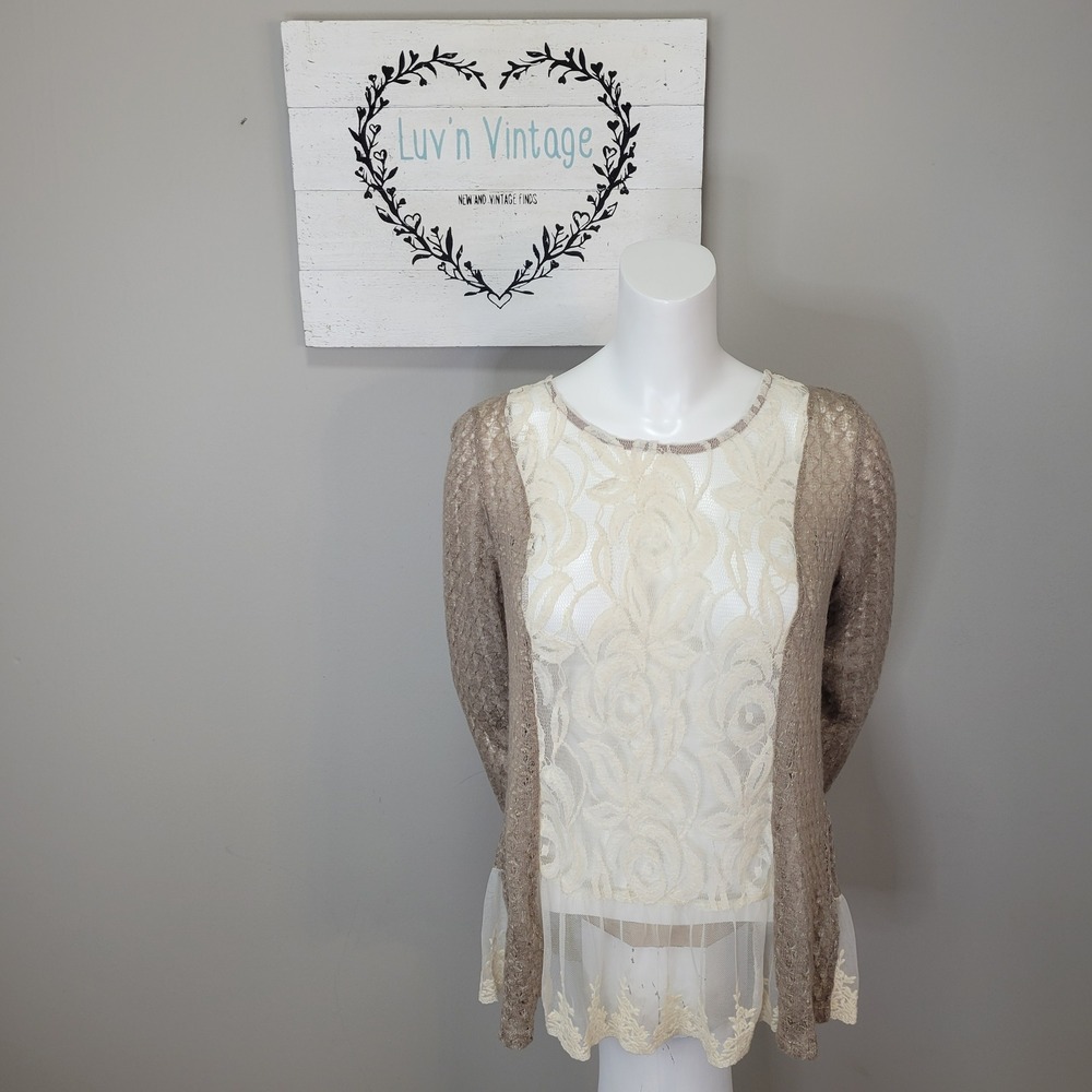 A Reve Lace Trim Mesh Knit Long Sleeve Sweater Top Beige Sheer Bow Back‎ Size L